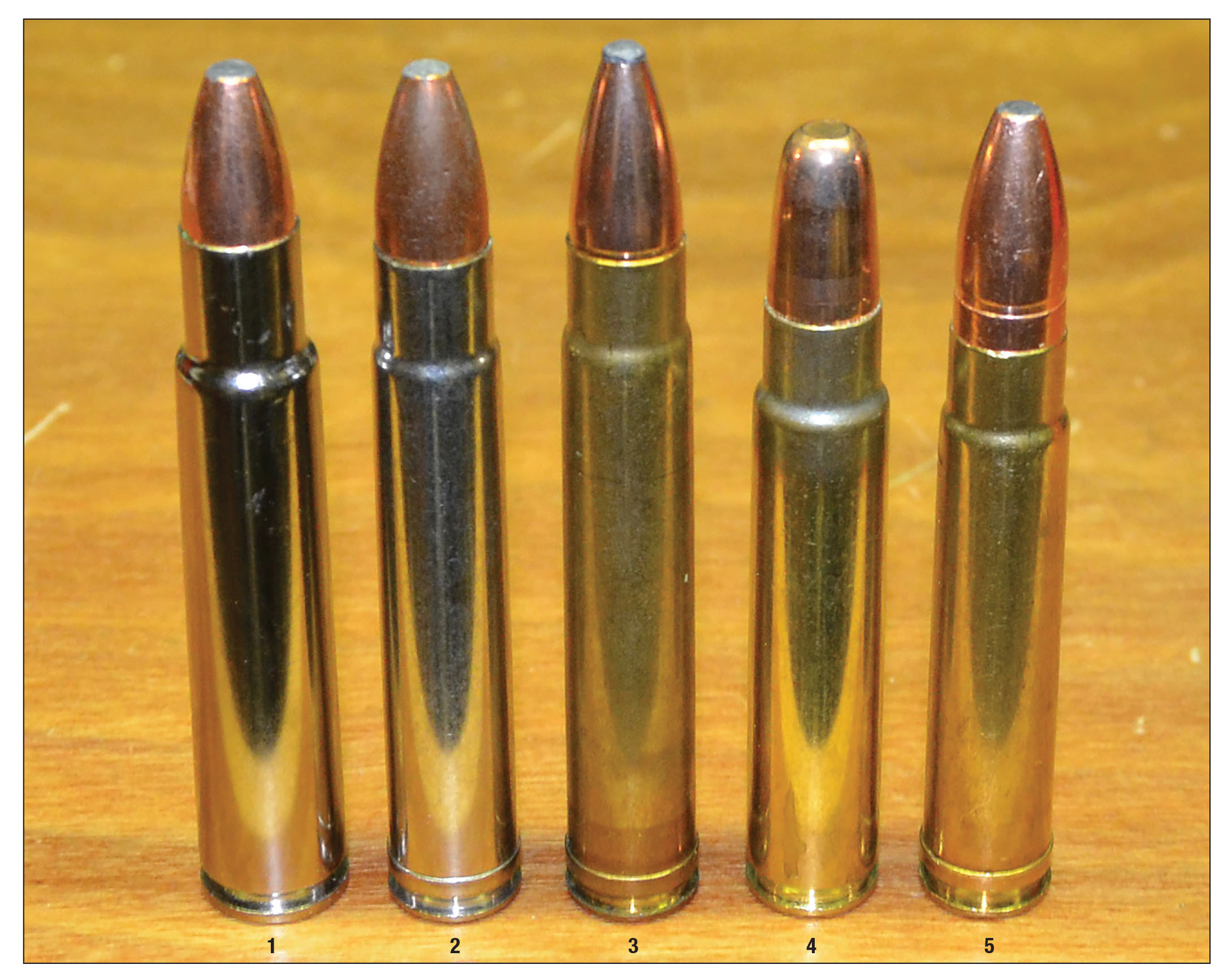 The .416 Rigby operates at lower chamber pressures than smaller cartridges of its caliber and that can be a good thing when hunting under an African sun with temperatures exceeding 100 degrees Fahrenheit. This cartridge lineup includes: (1) . 416 Rigby, (2) .416 Remington Magnum, (3) .416 Hoffman, (4) .416 Ruger and (5) .416 Taylor.